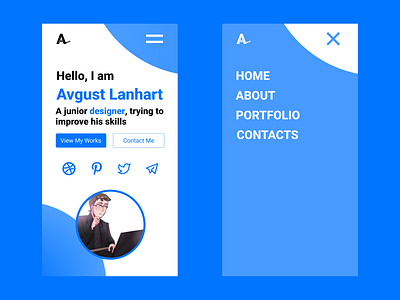 Portfolio Mobile: I am Avgust Lanhart 2d alanhart avgustlanhart blue blue white branding design graphic design illustration landing main man page portfolio theme ui ux vector white white blue