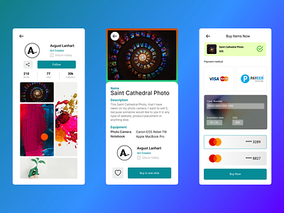 Mobile App - ArtOut. DailyUI: Day 2 and 6 2d android app app ui art artout buy card design green ios paintings payment form payout profile share social theme user vector