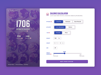 Calorie Calculator desktop fitness form input layout slider toggle ui