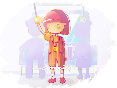 Sleepy girl in a bus 2d art bus character drawing girl gradient illustration peachy