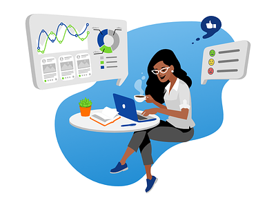 Business Woman With Coffee And Laptop affinity designer blue blue shoes brunette bubble chart business casual business woman coffee digital glasses graphic illustration infographics laptop like notebook office statistics table white shirt