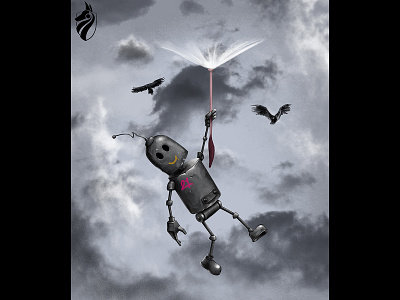 Flying to the moon artist artwork cloud crows dandelion design digital digital art digital artist digital painting flower fly flying graphic design gray illustration rain robot robot design sky