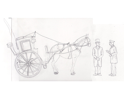 Cabbie and deckhand joke by the horse drawn taxi deckhand dock drawing horse horsedrawncarriage illustration linework people rmslusitania sketch ste johnson taxi