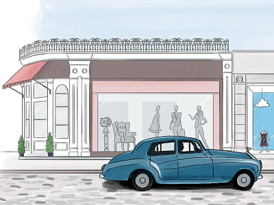 Drive by shopping buildings illustration rolls royce shopping shops street
