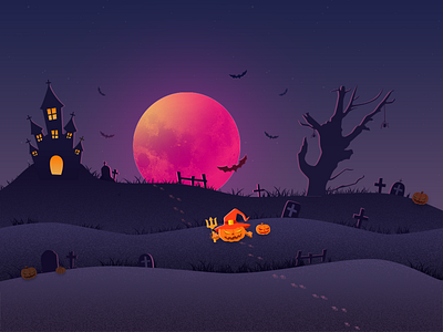 Hello，dribbble planet！ bat castle cross dark grave halloween illustration moon night pumpkin star tombstone