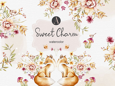 "Sweet Charm" hand-painted watercolor clip art aquarela arrajo floral art clip art design flores e raposas fox graphic design ilustração pattern pintura plowers
