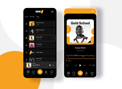 WDR Live Germany - Radio App UI/UX android app foster germany interface ios iphone kanyewest mobile music radio radioapp socialmediamarketing ui ux web webdesign webdeveloper yellow