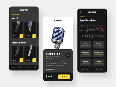 Shure Store // Mobile App Concept app black clean design flat ios microphone minimal mobile mobile app product design typography ui ux vector web web design webdesign website