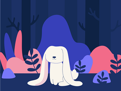 Cute Bunny animal character cute dark flat forest nature night trees wilderness rabbit bunny illustration vector