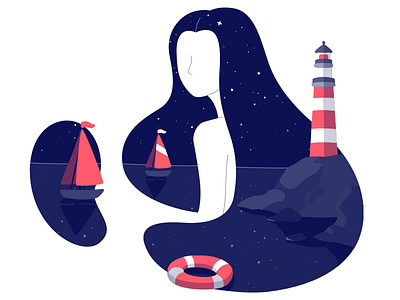 The Sky Full Of Stars 2 boat character earth flat illustration image lighthouse nature night story women