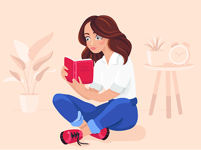 Illustration for book lovers books character design education girl graphic design illustration imagination plants reading woman
