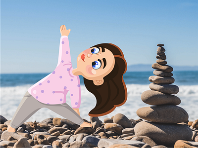 Open Air Yoga character drawing fantasy girl hair illustration landscape photo real sea stones yoga