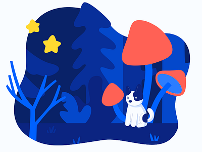 Dog Lovers 2 dark dog forest illustration landscape mushroom night pet puppy trees vector