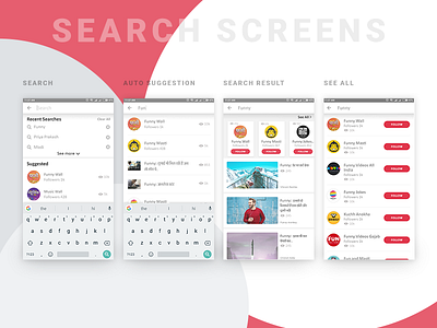 Search Screens follow screen mobile app product recent search screen search search result suggestion ui video wall