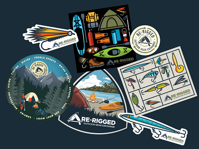 ReRigged Stickers camping fishing illustration logo outdoor gear stickers