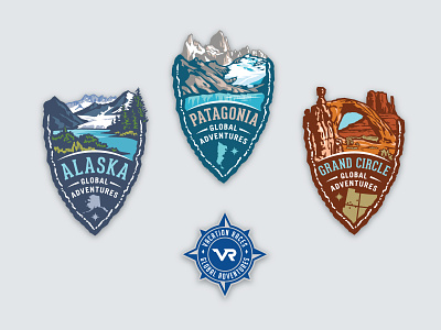 VR Global Adventures adventure alaska compass grand circle illustrative logos marathon medal mountains patagonia scenery shield