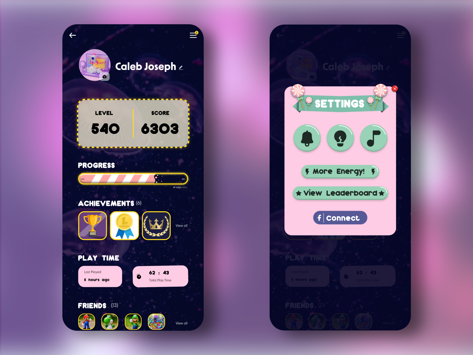 Mobile game- user profile and settings by Katherine Novizky on Dribbble