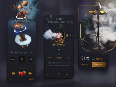 Mobile App for Order Hookah 3d animation app branding crypto cryptoart dark design figma gradient graphic design hookah interface mobile motion graphics nft shop smoke ui web