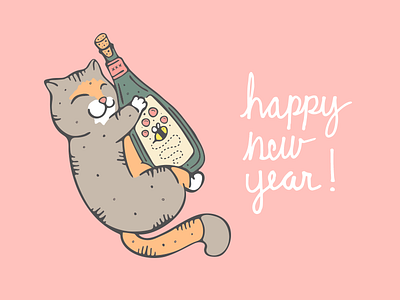happy new year! alcohol cat illustration new year