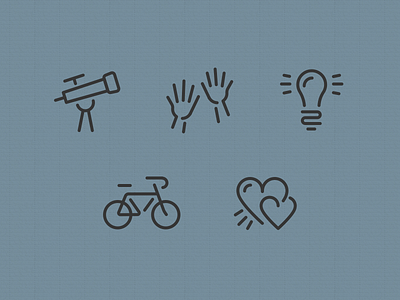 Core Values bike hands heart icons lightbulb telescope