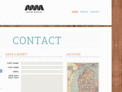 Contact Page blue location map orange ruler technical web white wood