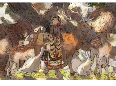 Illust-a trip on a good day animals art artwork forest girl happy illust illustration painting