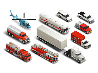 Emergency service vehicles 2d illustration isometric realistic transport vector vehicles