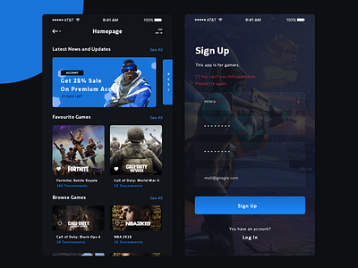 Gaming App - Sign Up & Home Screens design esport esports flat gamers gaming gaming app ladders tournament ui ui ux ux