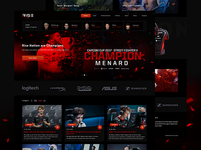 Rise Nation - eSports Team Homepage Design blue clean design dota esport esports flat fortnite gamers gaming ladders news portfolio tournament ui ux web website