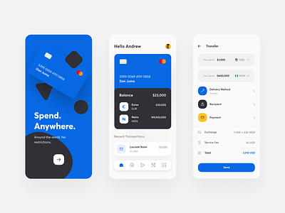 Borderless Banking App blue borderless cards conversion rates fintech investments loans multi currency payments send money spend anywhere transactions transfers ui design