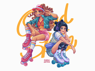 QuadSkate Buddies art artwork colorful cute design girls graphic design illustration roller skate skate