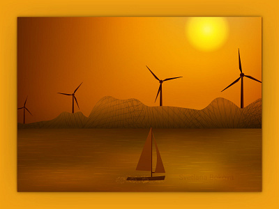 Wind turbines on golden sunset alternative eco ecology electric electricity energy environment hydro mountains nature ocean power generator sea sunset vector water wind wind turbines windmill yacht
