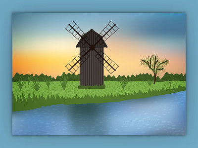 Wooden windmill on the green camp cartoon countryside eco ecology energy europe flour lake meadow mill nature netherland old river rural vector watermill wheat windmill wooden
