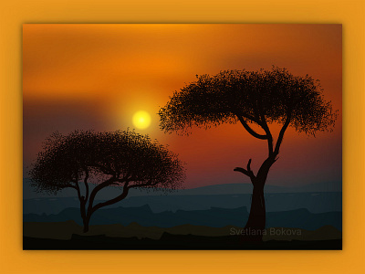 African acacia trees on the background of a golden sunset.