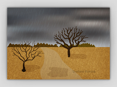 Autumn rainy day in the camp autumn camp drizzle fall field forest grass landscape nature outdoor pool puddle rain rural sky trees vector water weather wheat