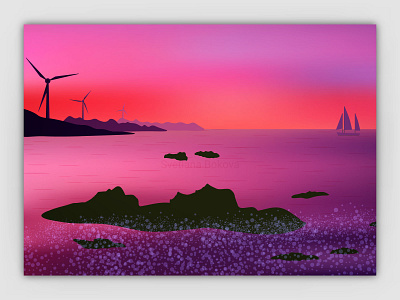 Mauve sunset with wind power generators beach eco ecology electricity energy foam mountains ocean power generator propeller rocks sail sea sunset surf twilight wheel wind turbines windmill yachts