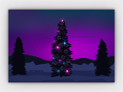 Decorated Christmas tree, beautiful winter sunset celebration christmas christmas tree cold decorations event festive fir fun garlands holiday landscape nature new year night party snow sunset vector winter