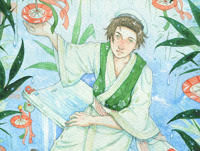 Nagashi Somen drawing illustration painting traditional art watercolor