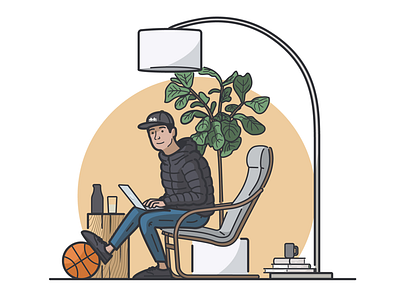 WFH basketball lamp laptop man plant working