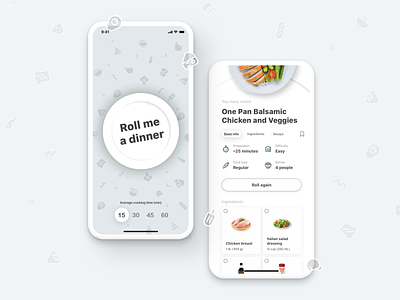DinnerRoller - An idea cooked for you - Main screens app appdesign clean design food food app food app ui ios iphone x mobile app motion design product design random recipe roll ui design uiux ux uxdesign