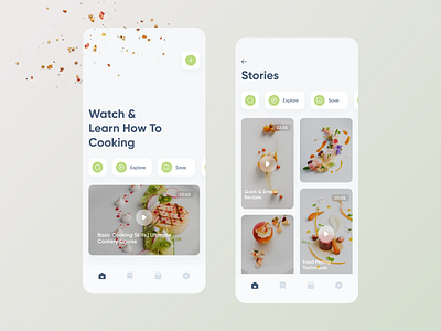 Watch & Learn (Video Tutorial) app cooking explore food app home page ios minimal mobile social media social network stories tutorial ui ux video