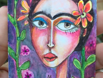 Frida Loves Plants aceo floral fridakahlo girl illustration meloearth painting portrait watercolor woman