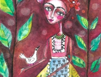 frida kahlo and pet bird aceo design floral fridakahlo handpainted illustration meloearth painting watercolor whimsical