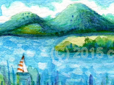 Lake County, California boat country lake landscape meloearth mountain painting sailboat water watercolor