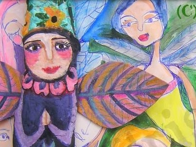 Friends of different dimensions. angel colors driftwood fairy faitytale meloearth painting selftaught watercolor whimsical wings wood