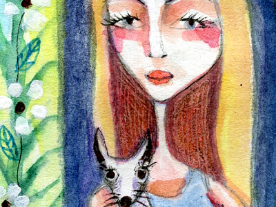 Aceo Girl Dog blonde dog drawing flowers girl meloearth pet watercolors woman