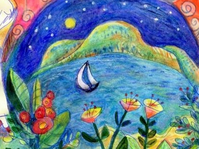 Gypsy's Memorial boat colorful illustration landscape meloearth mountains nature paradise water