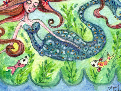 Mermaid & Fish aceo meloearth sea watercolor