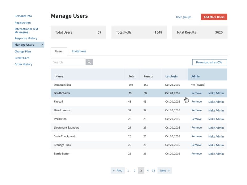 Settings - Manage Users by David Politi for Poll Everywhere on Dribbble