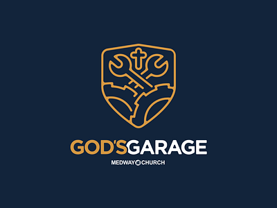 God’s Garage auto blue branding christ church cross design faith garage illustration line art logo shield tools wrench yellow